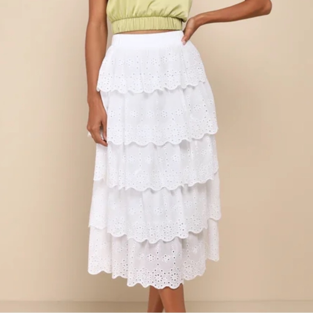 Lulu's Dreamy Poise White Eyelet Embroidered Tier Midi Skirt